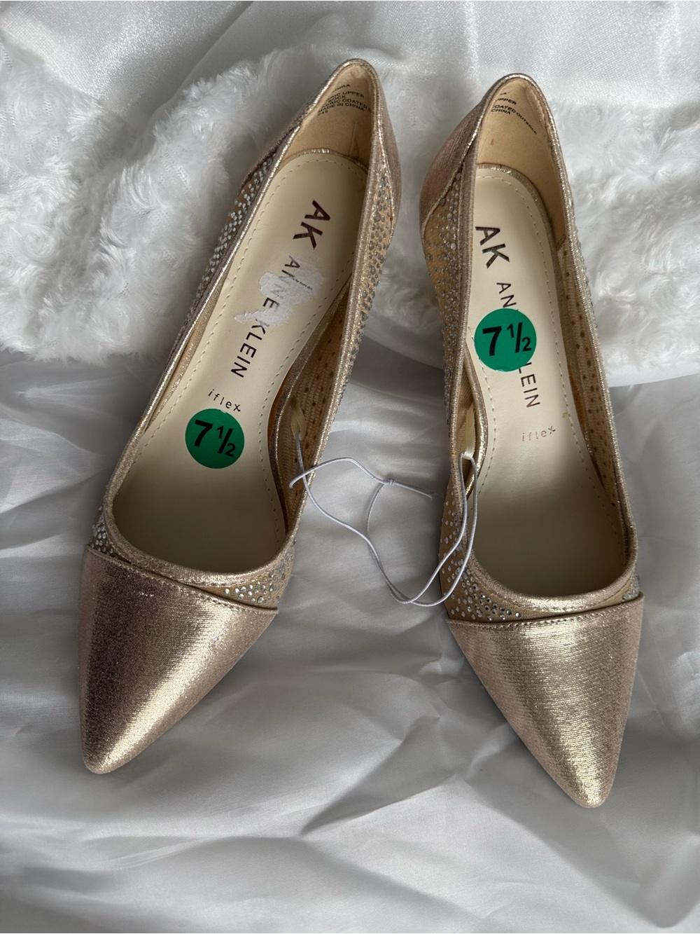 Anne Klein Rose Gold Pointed Kitten Heels with Rhinestone Trim